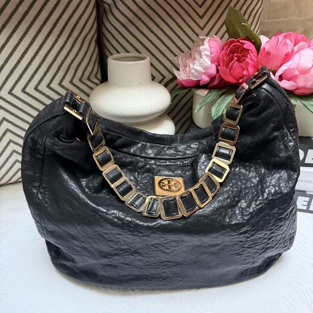 Tory Burch Black Leather Hobo with Gold Chain Detail